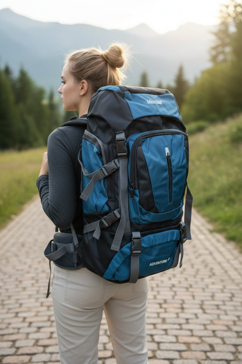 Person with a large blue backpack walking on a path in a natural setting. Monza Italy, Monza Outlet, Monza Fashion, Shein Outlet