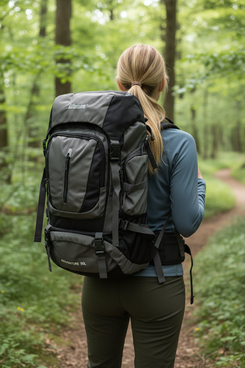Person hiking in a forest with a large gray backpack. Monza Italy, Monza Outlet, Monza Fashion, Shein Outlet