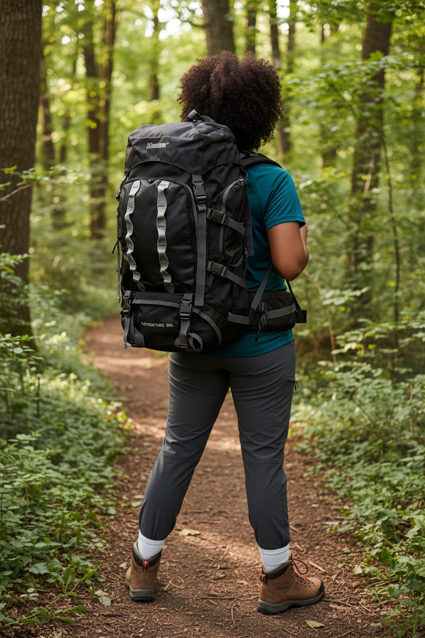 Person hiking in a forest with a large black backpack. Monza Italy, Monza Outlet, Monza Fashion, Shein Outlet