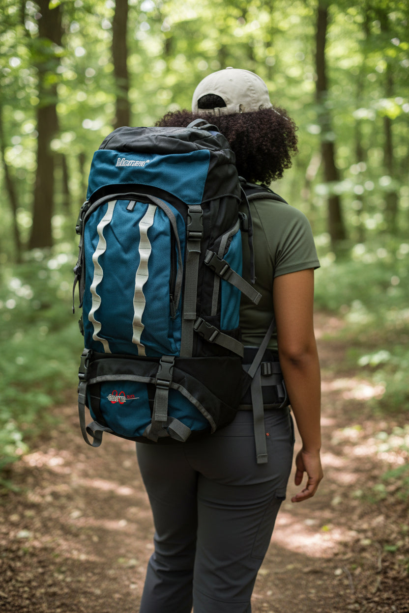 Person with a blue and black backpack walking through a forest. Monza Italy, Monza Outlet, Monza Fashion, Shein Outlet