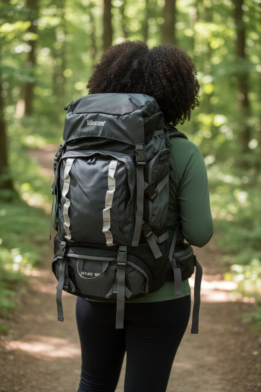 Person with a large backpack walking through a forest. Monza Italy, Monza Outlet, Monza Fashion, Shein Outlet