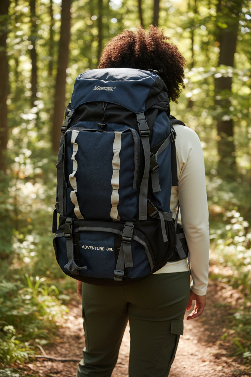 Person hiking in a forest with a large blue backpack. Monza Italy, Monza Outlet, Monza Fashion, Shein Outlet