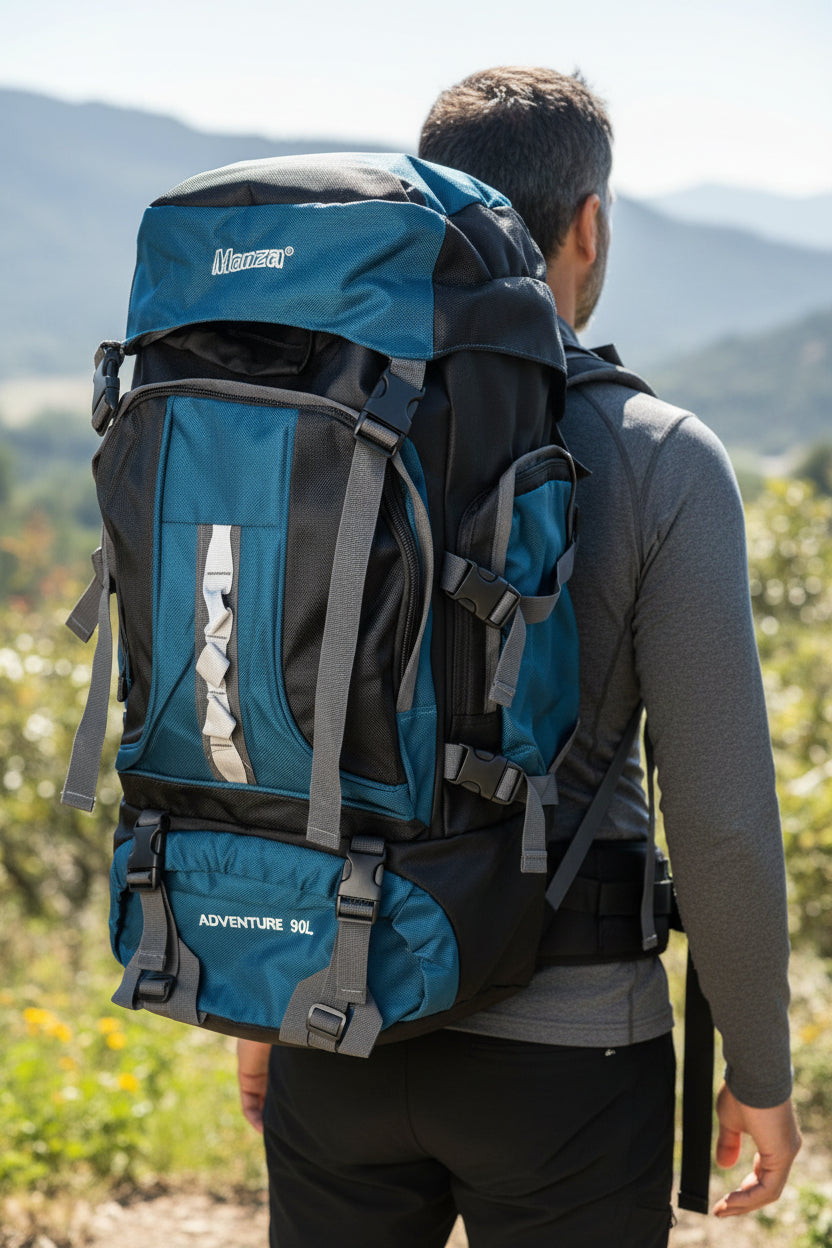 Person wearing a large blue and black backpack with mountains in the background. Monza Italy, Monza Outlet, Monza Fashion, Shein Outlet