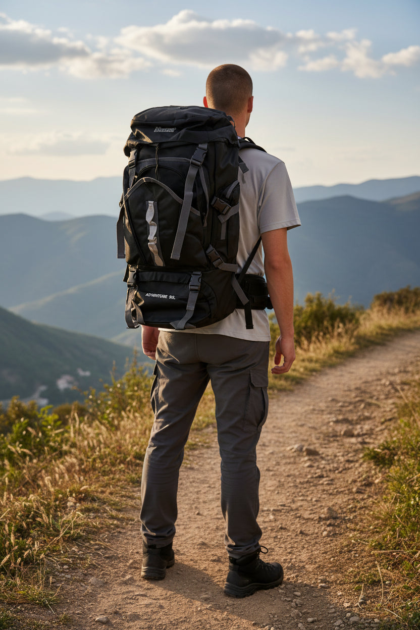 Person with a backpack walking on a mountain path with scenic views. Monza Italy, Monza Outlet, Monza Fashion, Shein Outlet