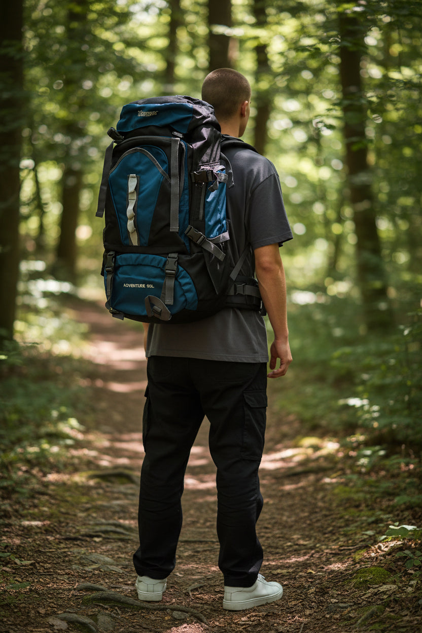 Person with a blue backpack walking through a forest. Monza Italy, Monza Outlet, Monza Fashion, Shein Outlet