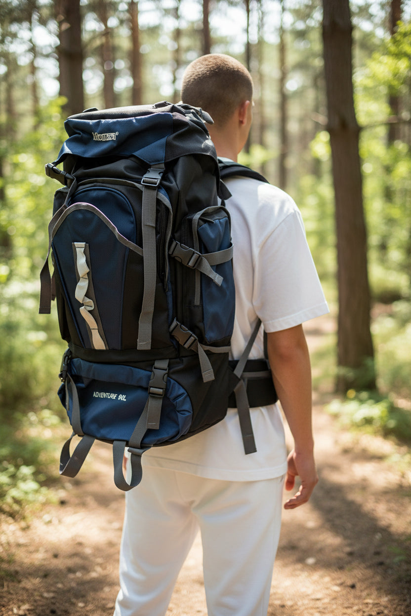Person wearing a large blue backpack in a forest setting. Monza Italy, Monza Outlet, Monza Fashion, Shein Outlet