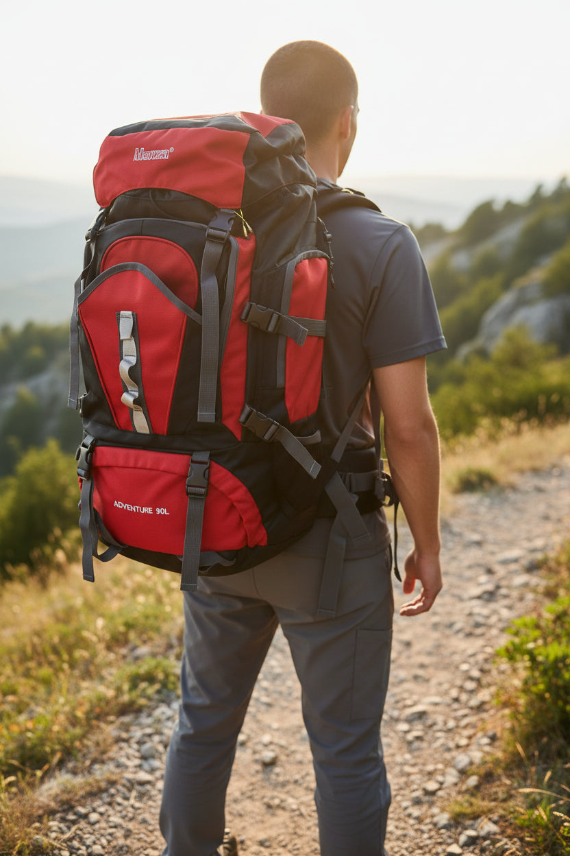 Person hiking on a trail with a red and black backpack. Monza Italy, Monza Outlet, Monza Fashion, Shein Outlet