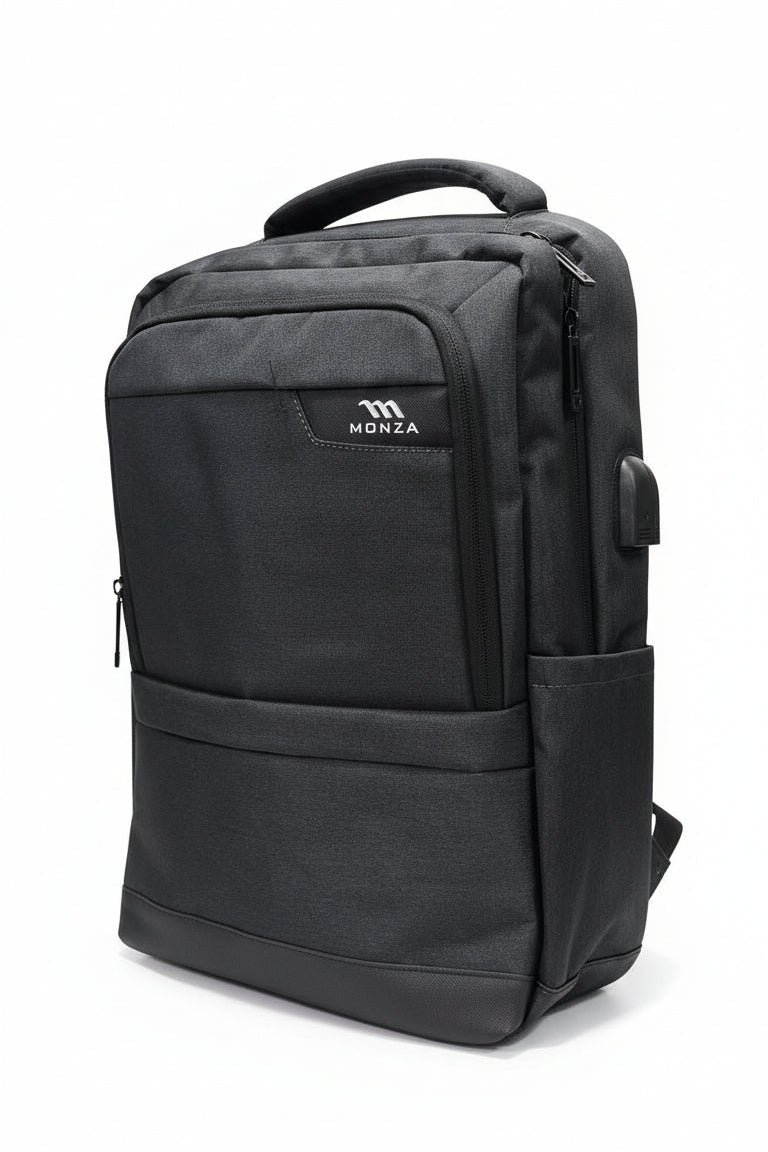 Black backpack with a visible brand logo on a white background. Monza Italy, Monza Outlet, Monza Fashion, Shein Outlet