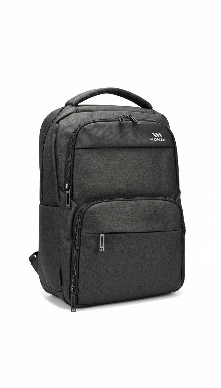 Black backpack with multiple pockets on a white background. Monza Italy, Monza Outlet, Monza Fashion, Shein Outlet