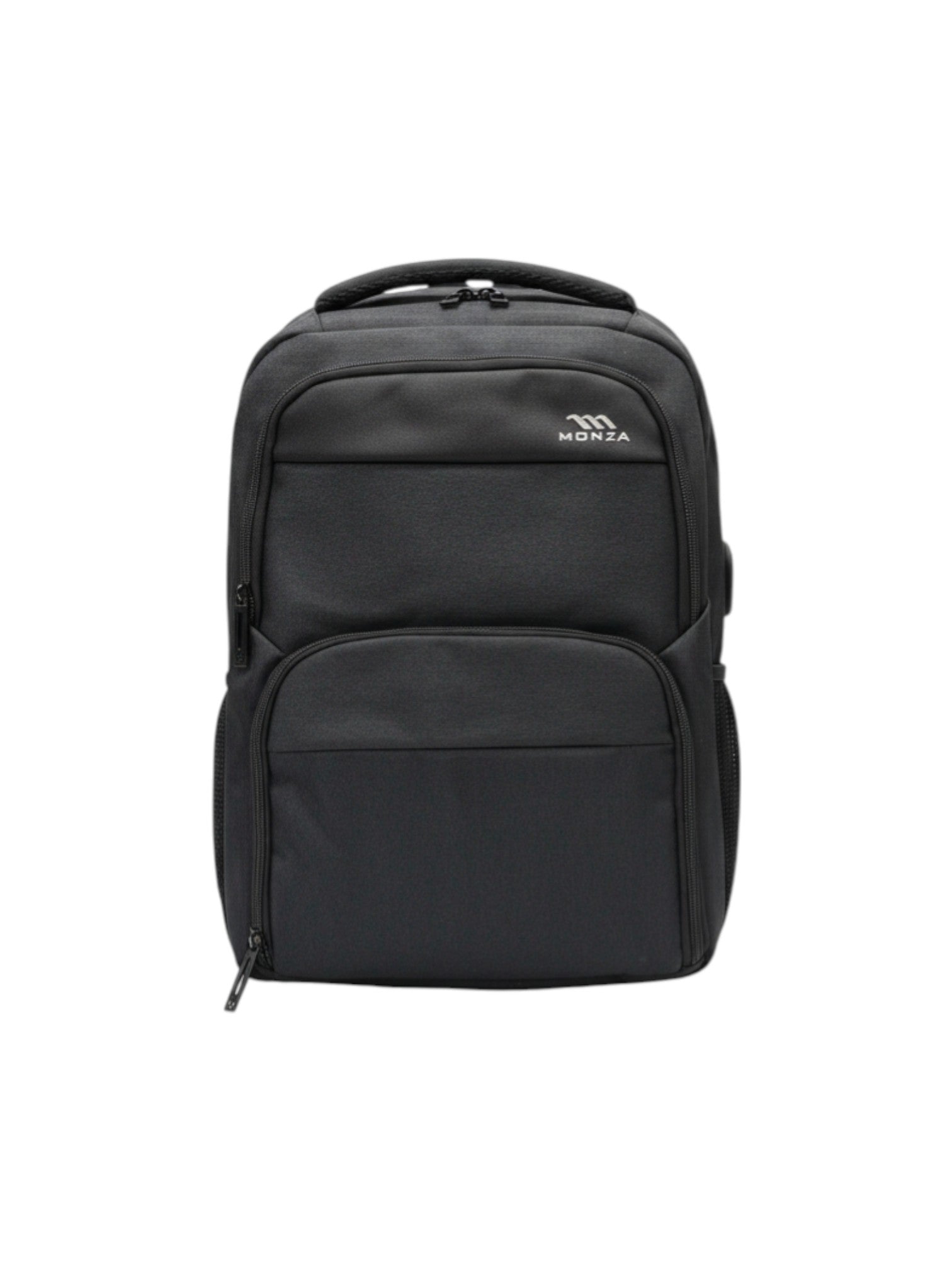 Black backpack with a visible brand logo on a white background. Monza Italy, Monza Outlet, Monza Fashion, Shein Outlet