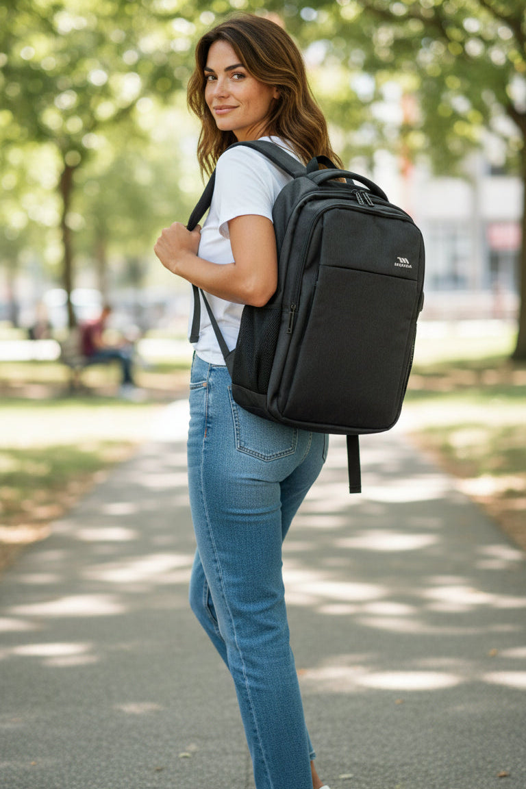 Woman wearing a black backpack in an outdoor setting. Monza Italy, Monza Outlet, Monza Fashion, Shein Outlet