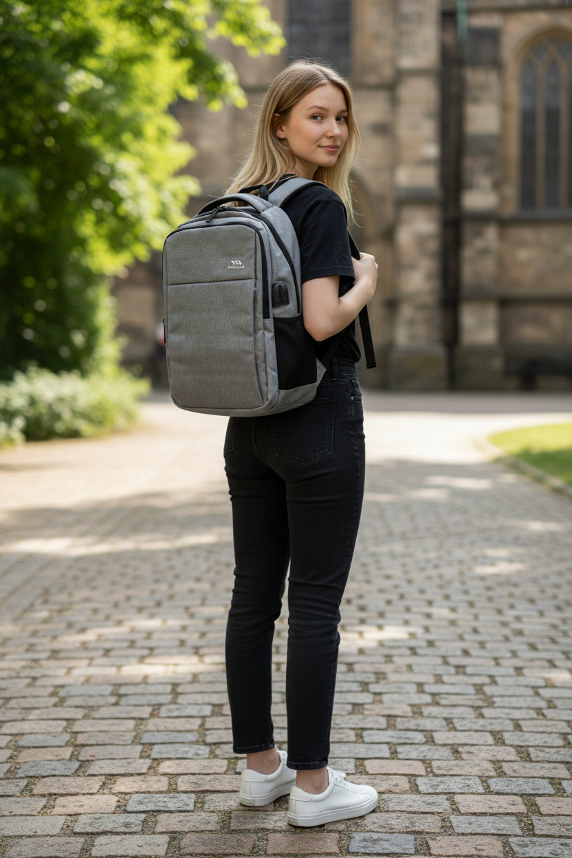 Woman carrying a gray backpack in an outdoor setting with a building in the background. Monza Italy, Monza Outlet, Monza Fashion, Shein Outlet