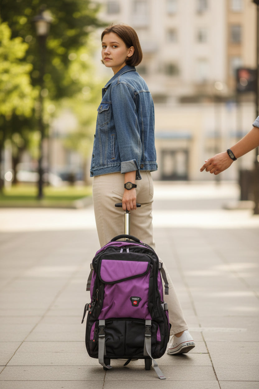 Woman with a purple backpack on a city street. Monza Italy, Monza Outlet, Monza Fashion, Shein Outlet