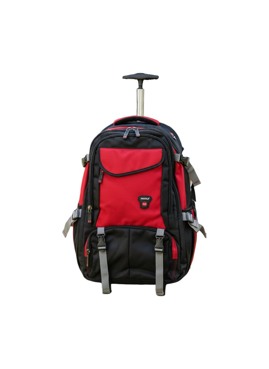 Red and black rolling backpack on a white background. Monza Italy, Monza Outlet, Monza Fashion, Shein Outlet