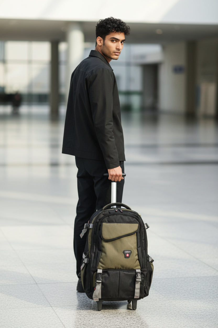 Man pulling a green backpack in an indoor setting. Monza Italy, Monza Outlet, Monza Fashion, Shein Outlet