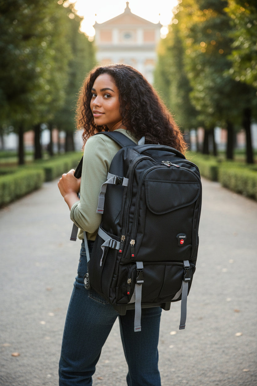 Woman with a black backpack walking on a tree-lined path. Monza Italy, Monza Outlet, Monza Fashion, Shein Outlet