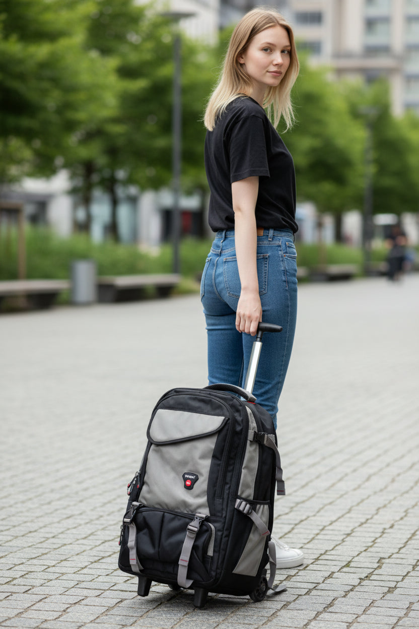 Woman pulling a large gray backpack on wheels through an urban setting. Monza Italy, Monza Outlet, Monza Fashion, Shein Outlet