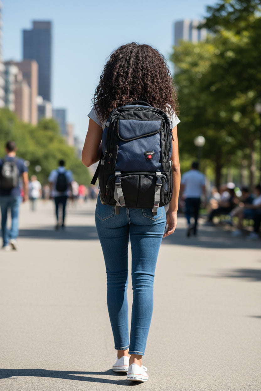 Person walking with a backpack in an urban park setting. Monza Italy, Monza Outlet, Monza Fashion, Shein Outlet
