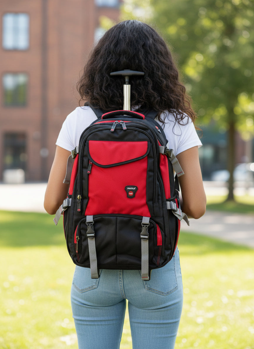 Person wearing a red and black backpack outdoors. Monza Italy, Monza Outlet, Monza Fashion, Shein Outlet