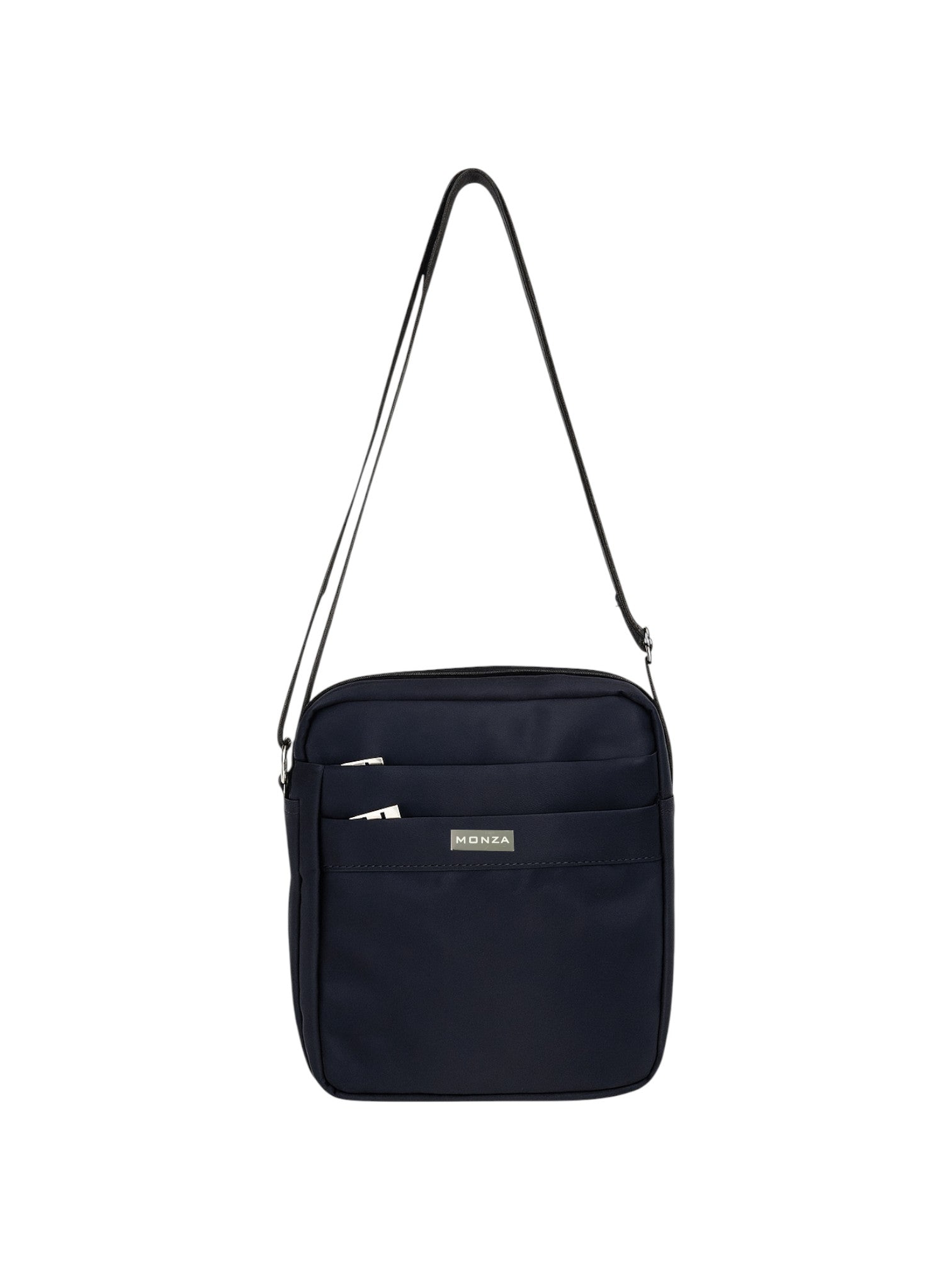 Black crossbody bag with a visible brand logo on a white background. Monza Italy Monza Outlet