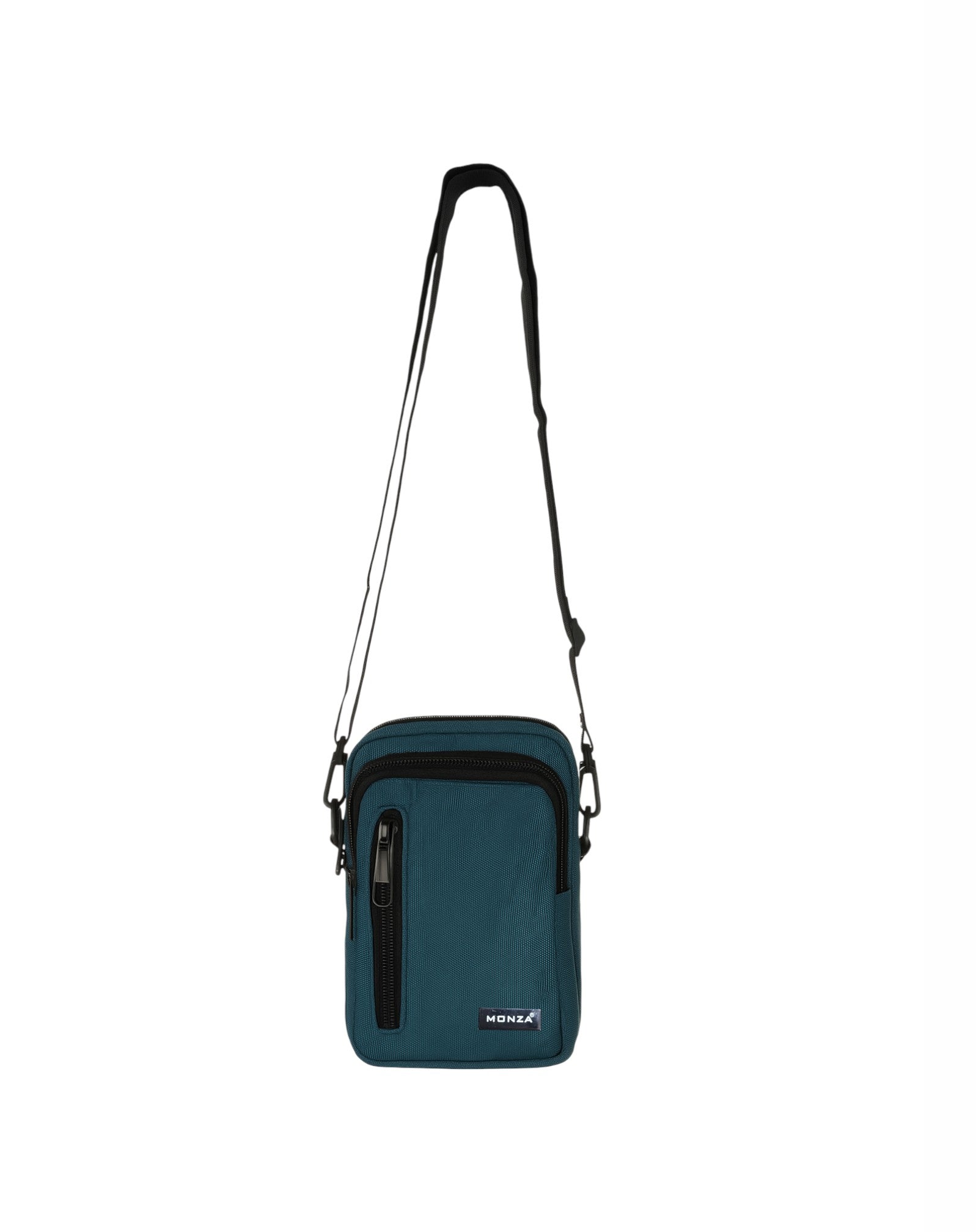 Teal crossbody bag with a strap on a white background Monza Italy
