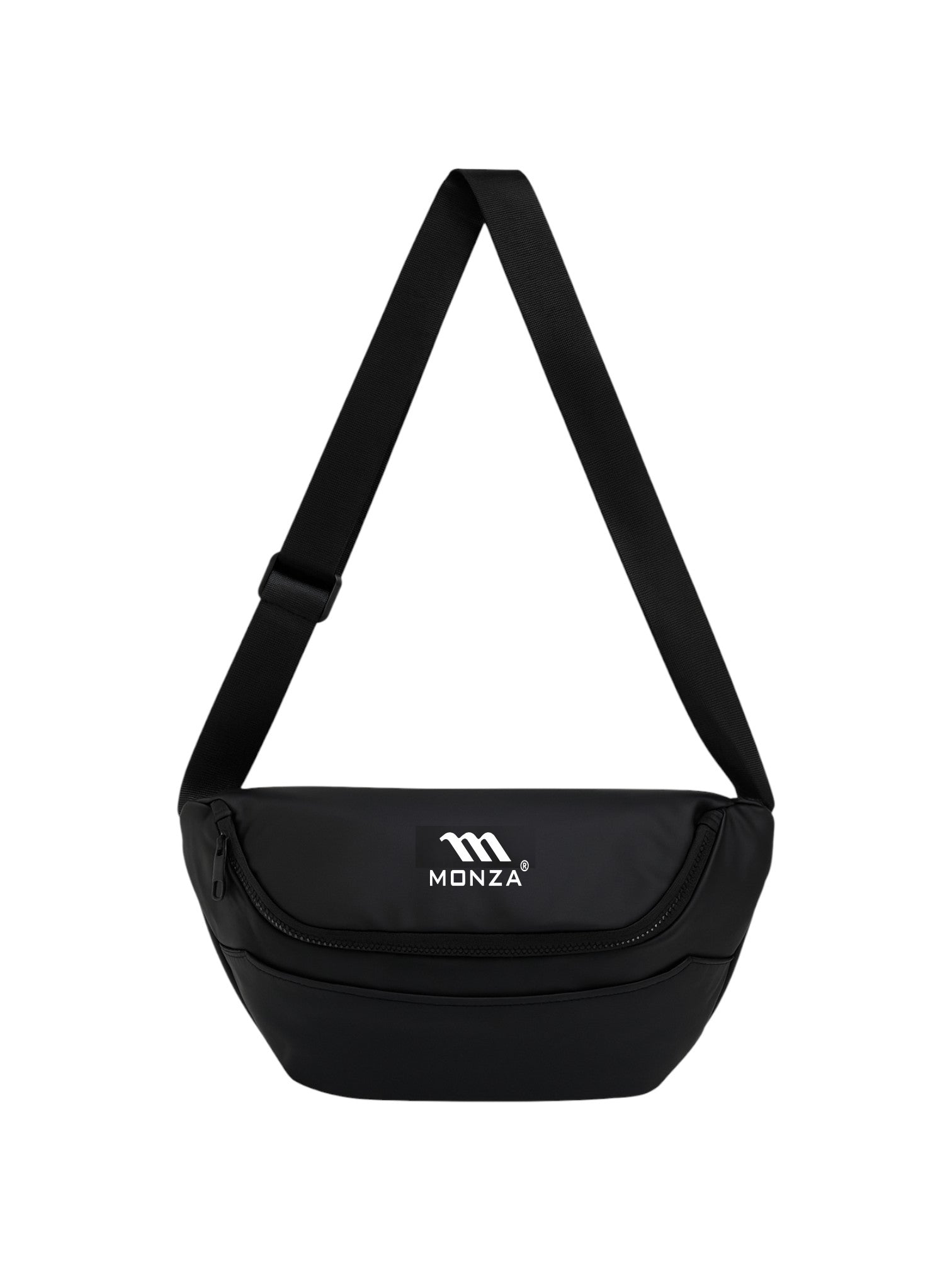 Black crossbody bag with Monza logo on a white background. Monza Italy Monza Outlet