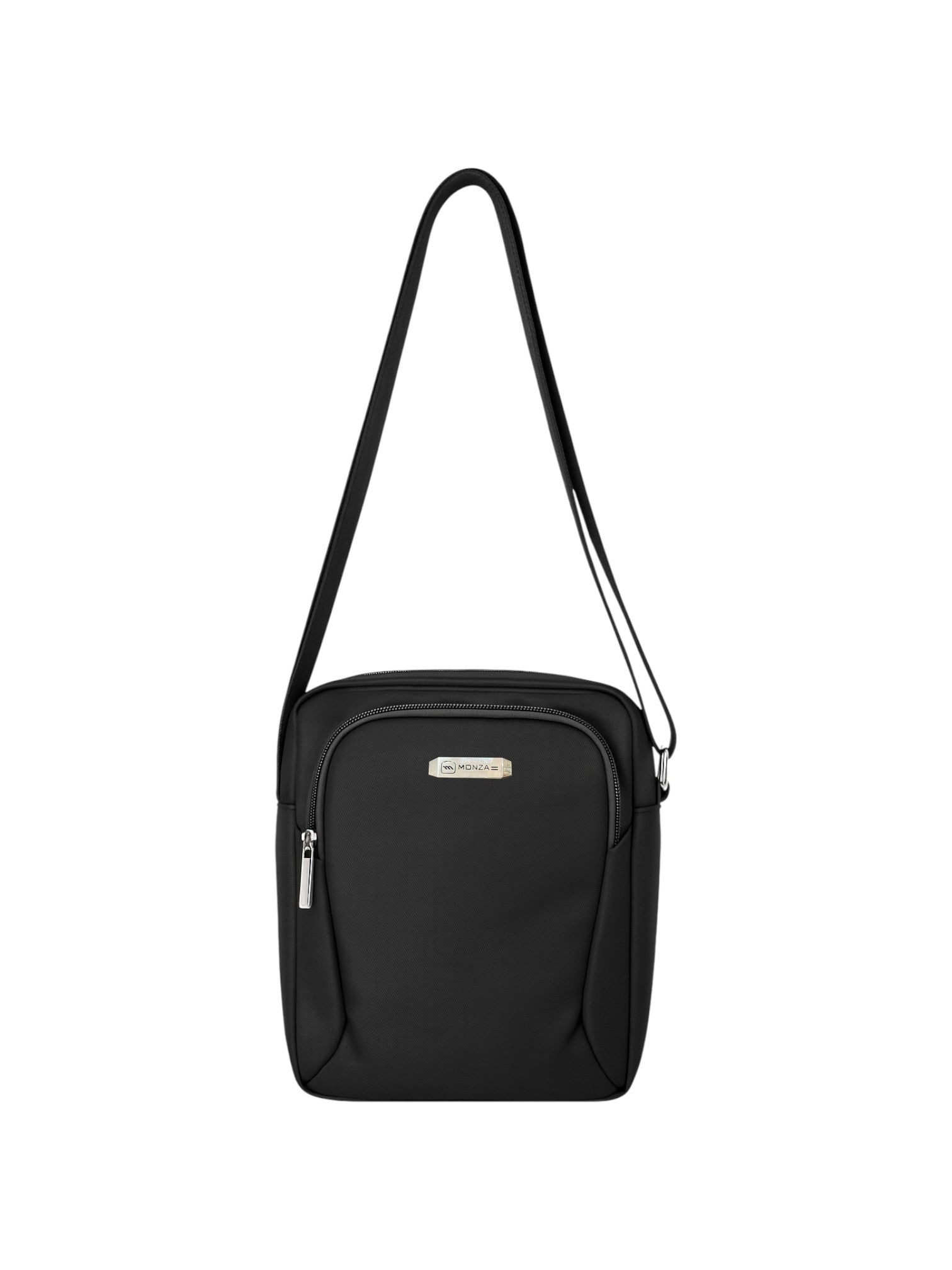 Black crossbody bag with a visible brand logo on a white background. Monza Italy Monza Outlet