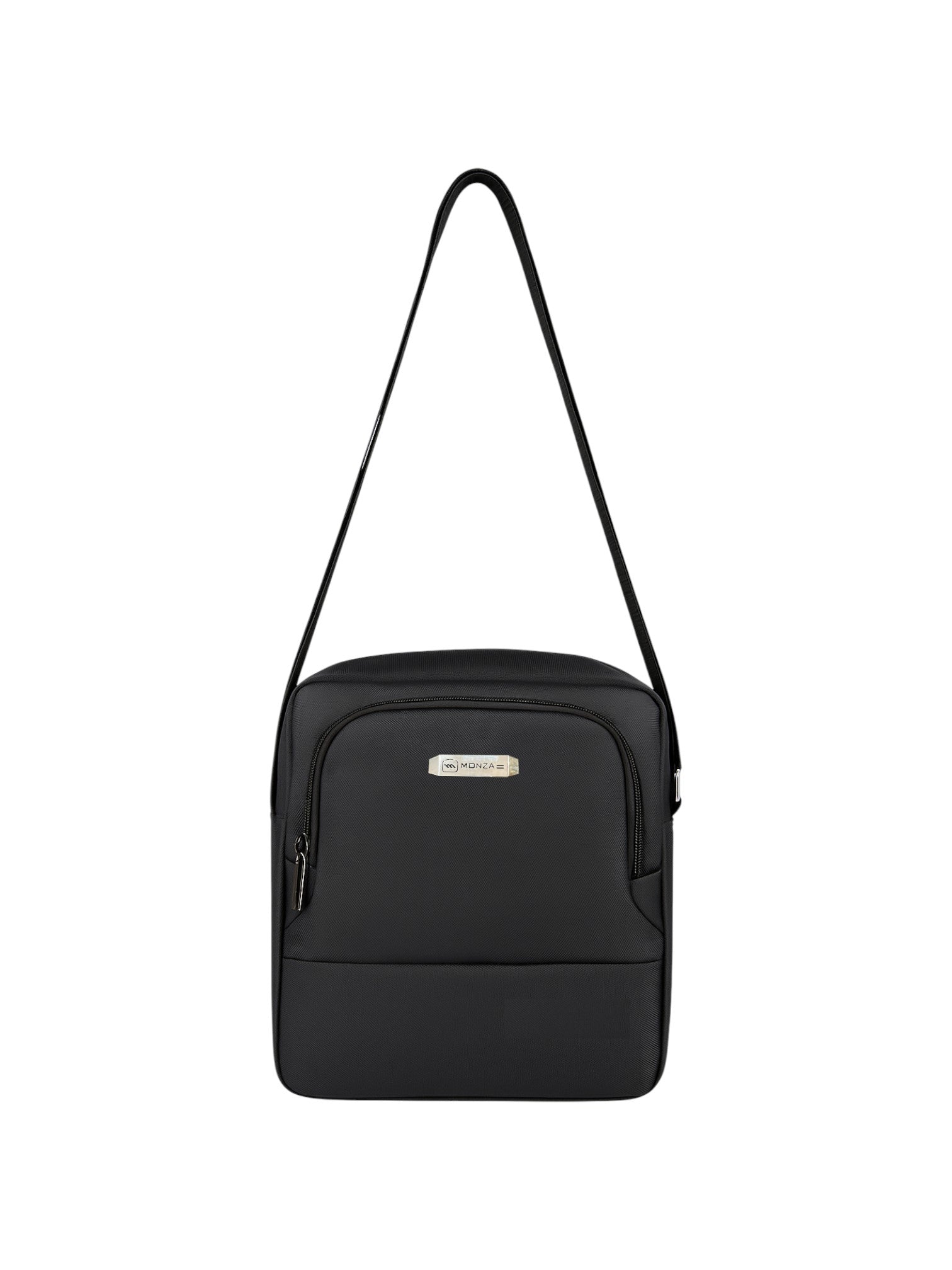 Black shoulder bag with a visible brand logo on a white background. Monza Italy Monza Outlet