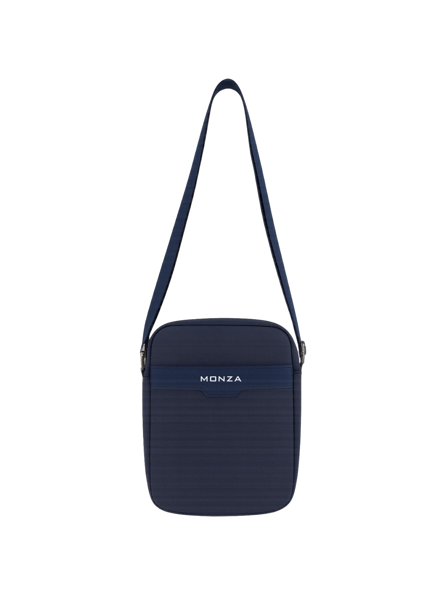 Navy blue crossbody bag with Monza branding on a white background. Monza Italy Monza Outlet