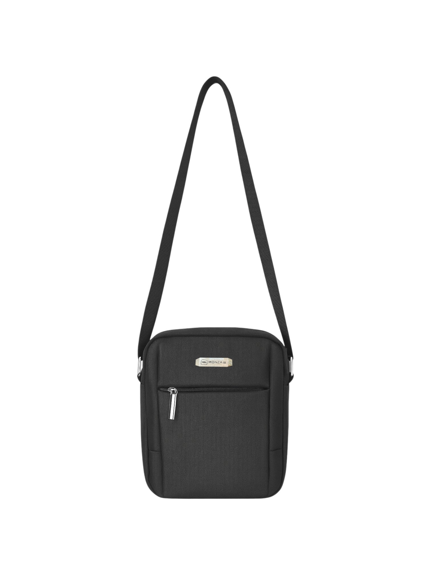 Black crossbody bag with a visible brand logo on a white background. Monza Italy Monza Outlet