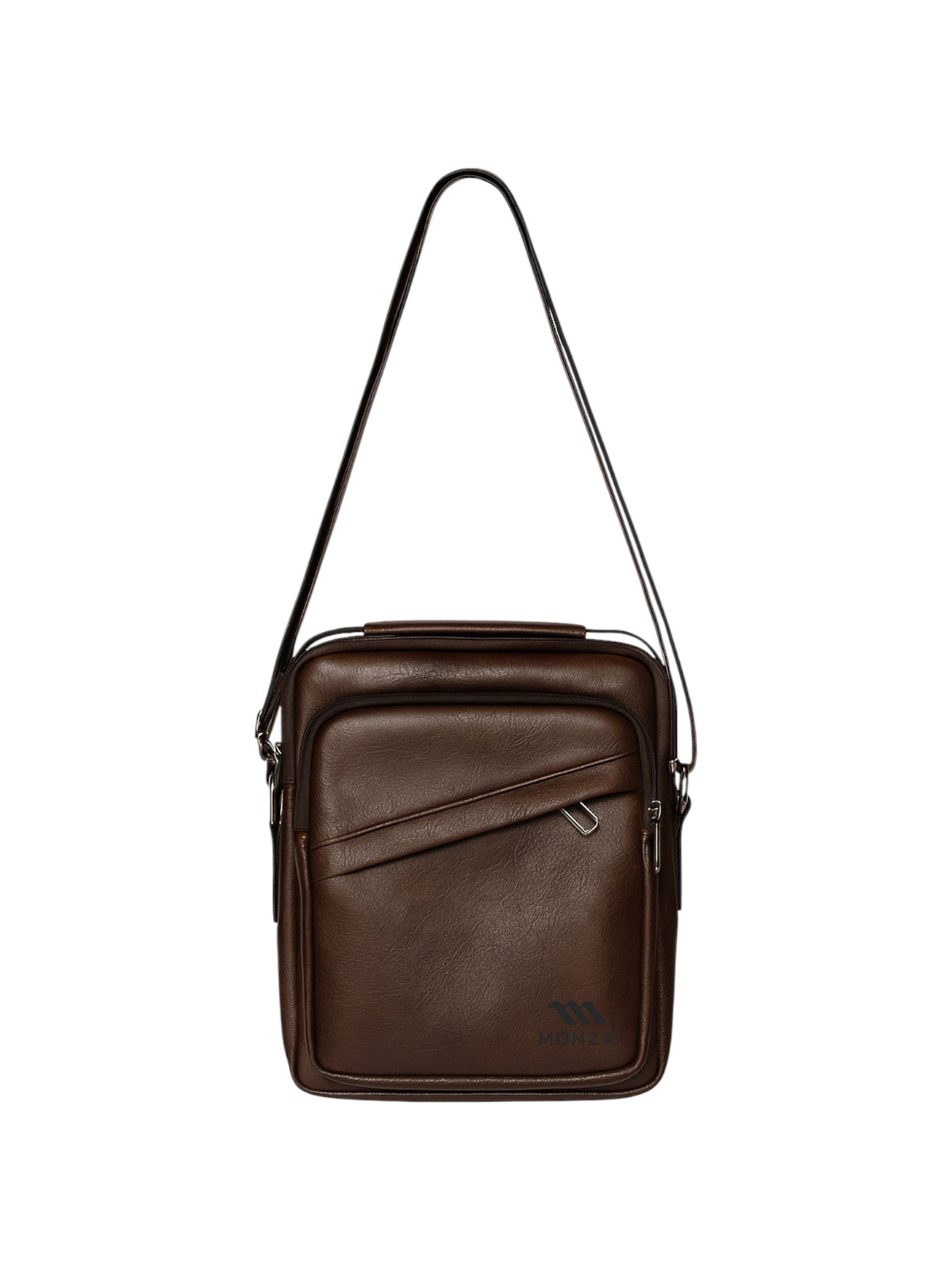 Brown leather crossbody bag on a white background. Monza Italy Monza Outlet