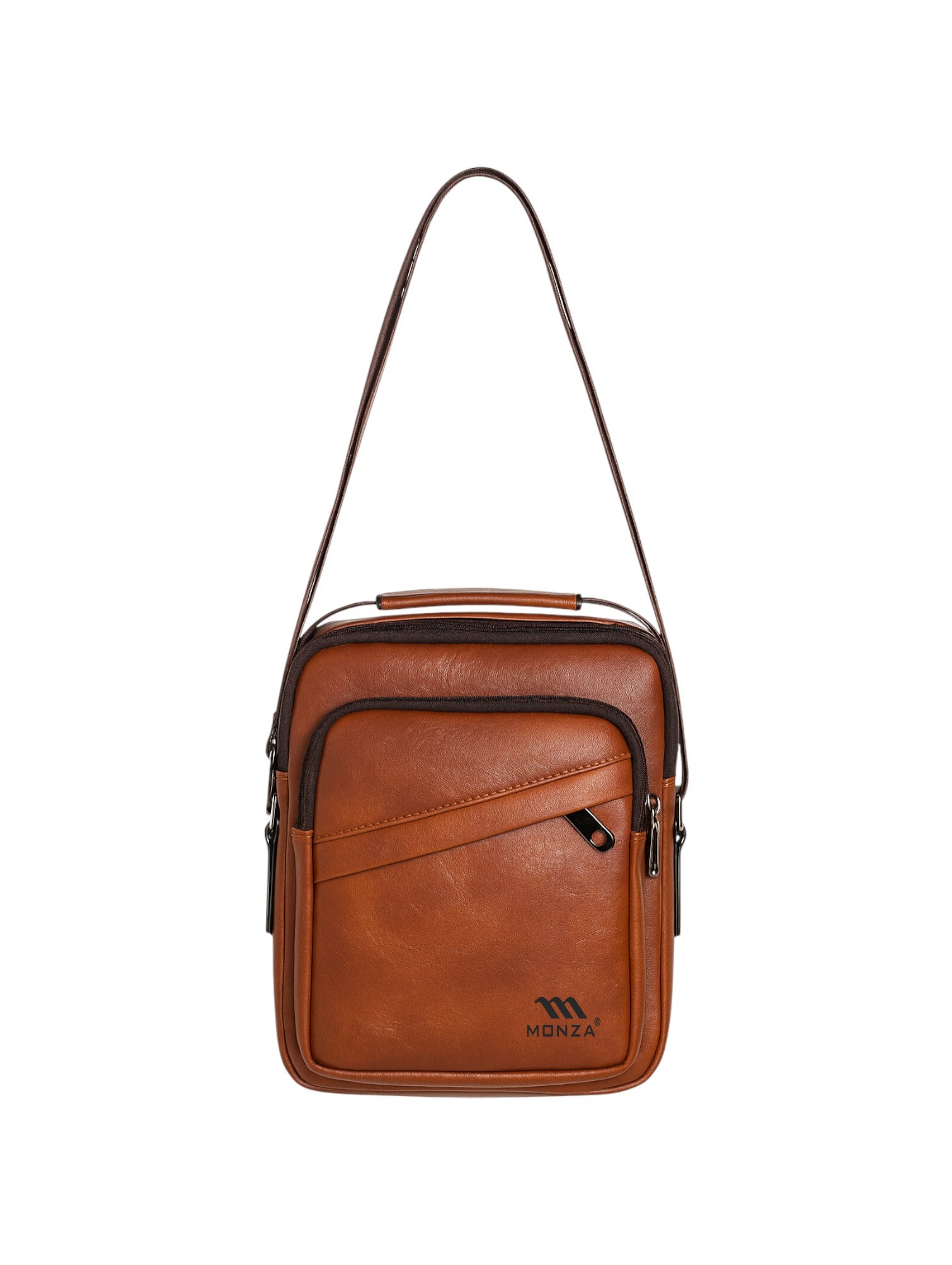 Brown leather crossbody bag with a visible brand logo on a white background. Monza Italy Monza Outlet