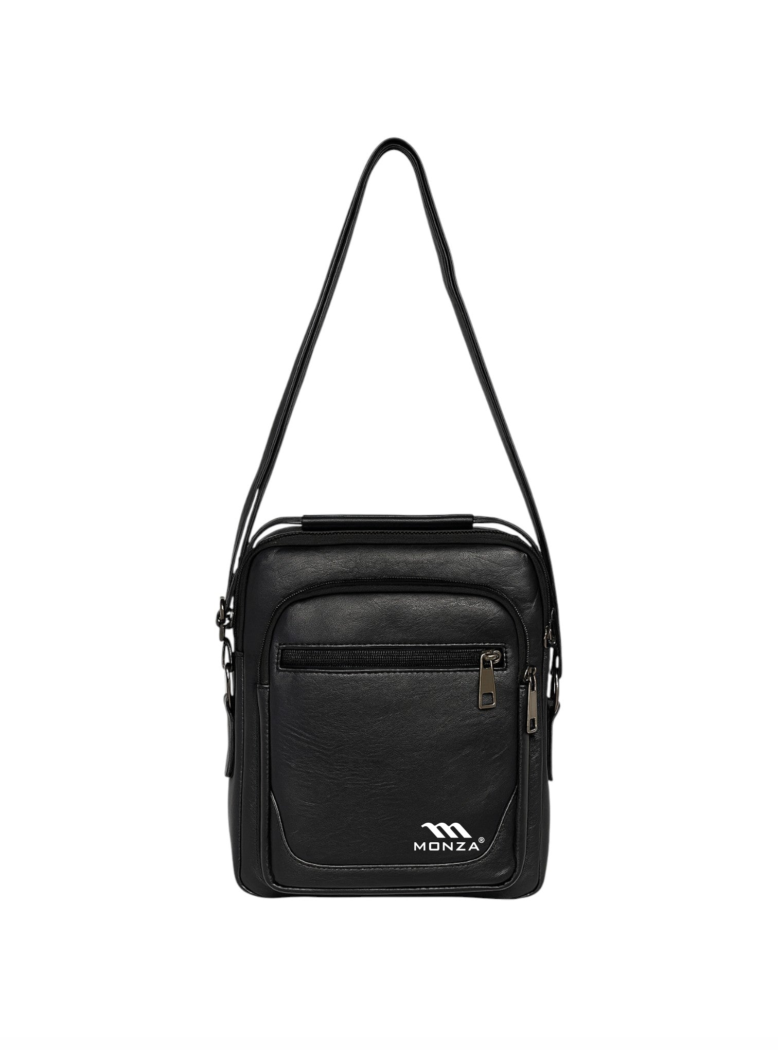 Black crossbody bag with Monza branding on a white background. Monza Italy Monza Outlet
