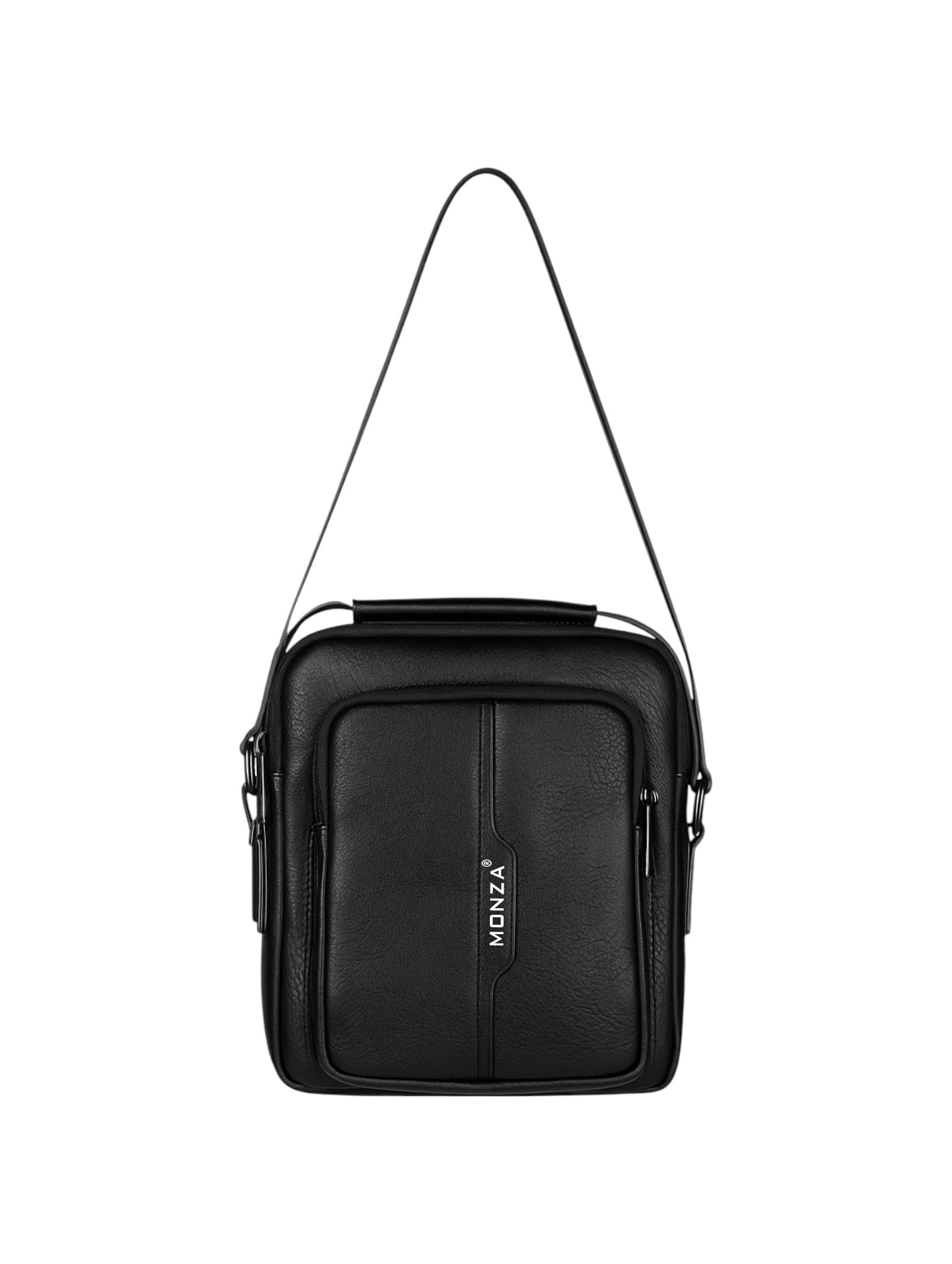Black shoulder bag with Monza branding on a white background. Monza Italy Monza Outlet
