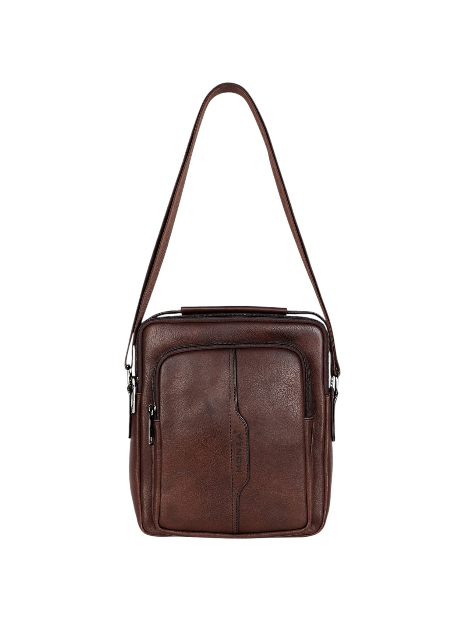 Brown leather crossbody bag on a white background. Monza Italy Monza Outlet