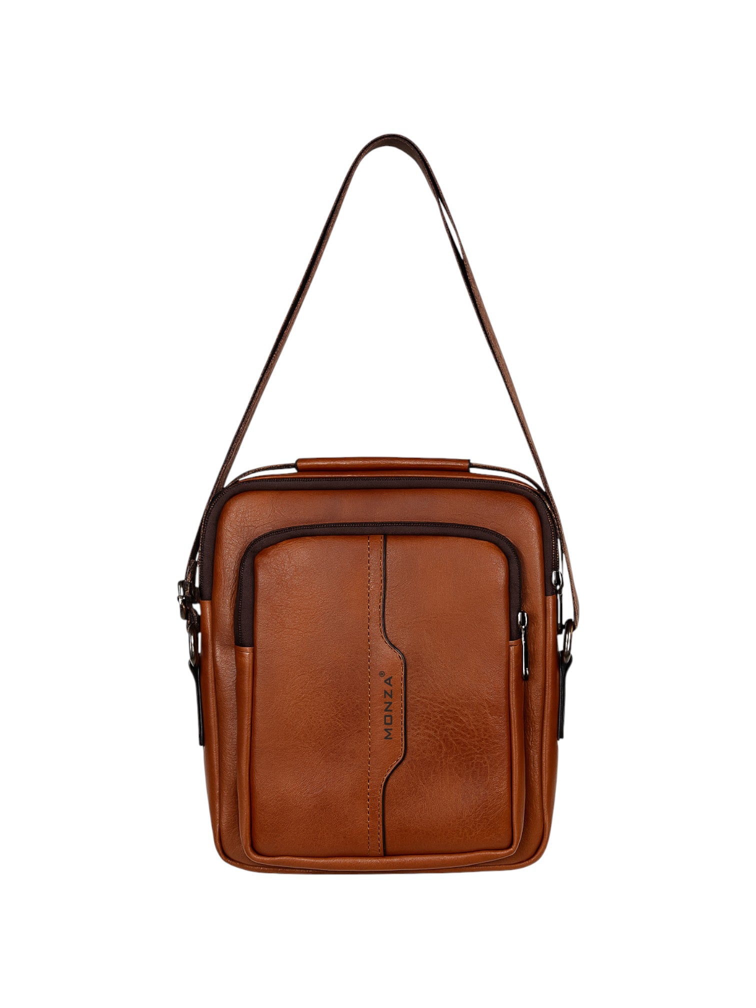 Brown leather crossbody bag on a white background. Monza Italy Monza Outlet