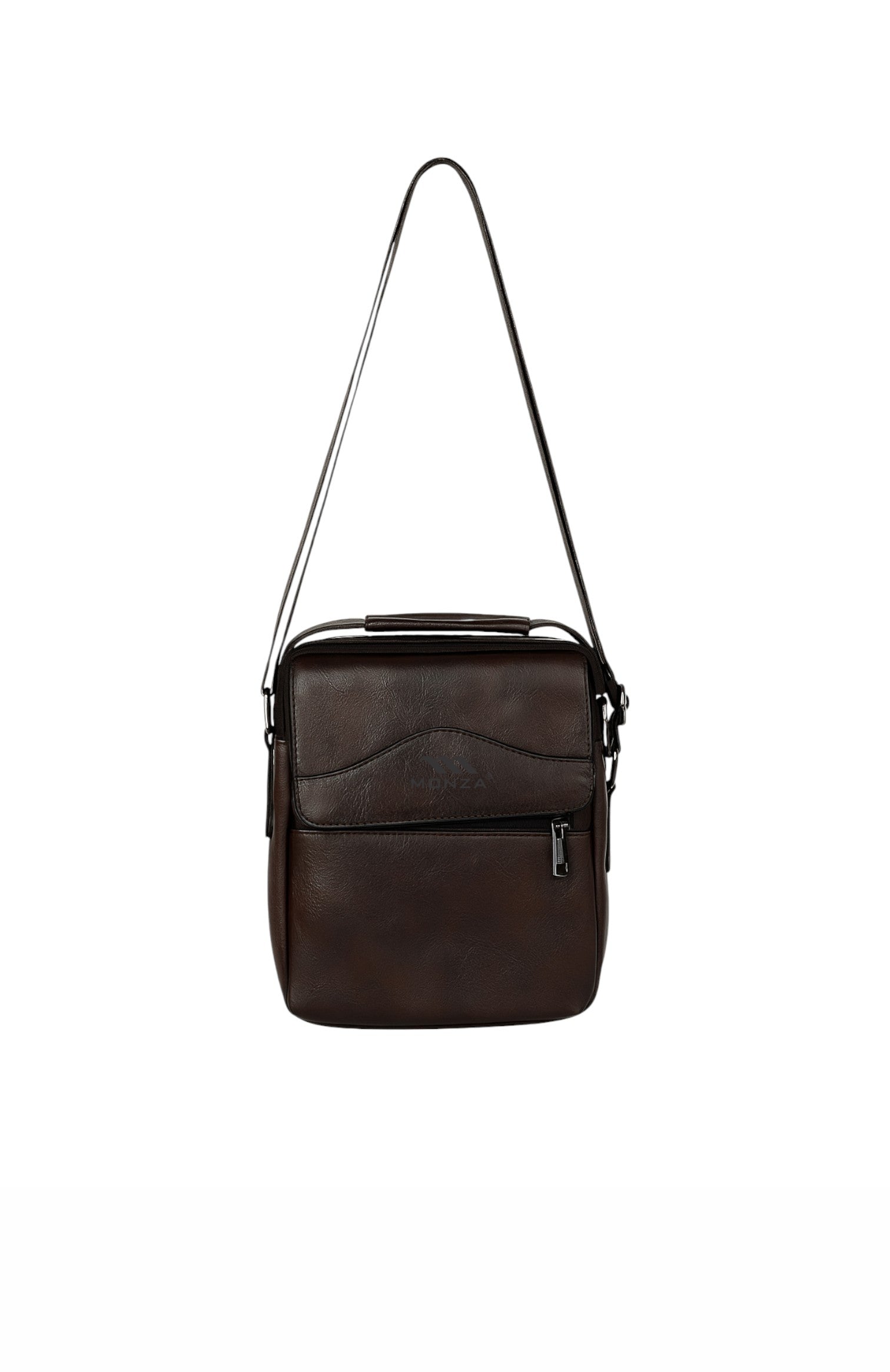 Brown leather crossbody bag on a white background. Monza Italy Monza Outlet