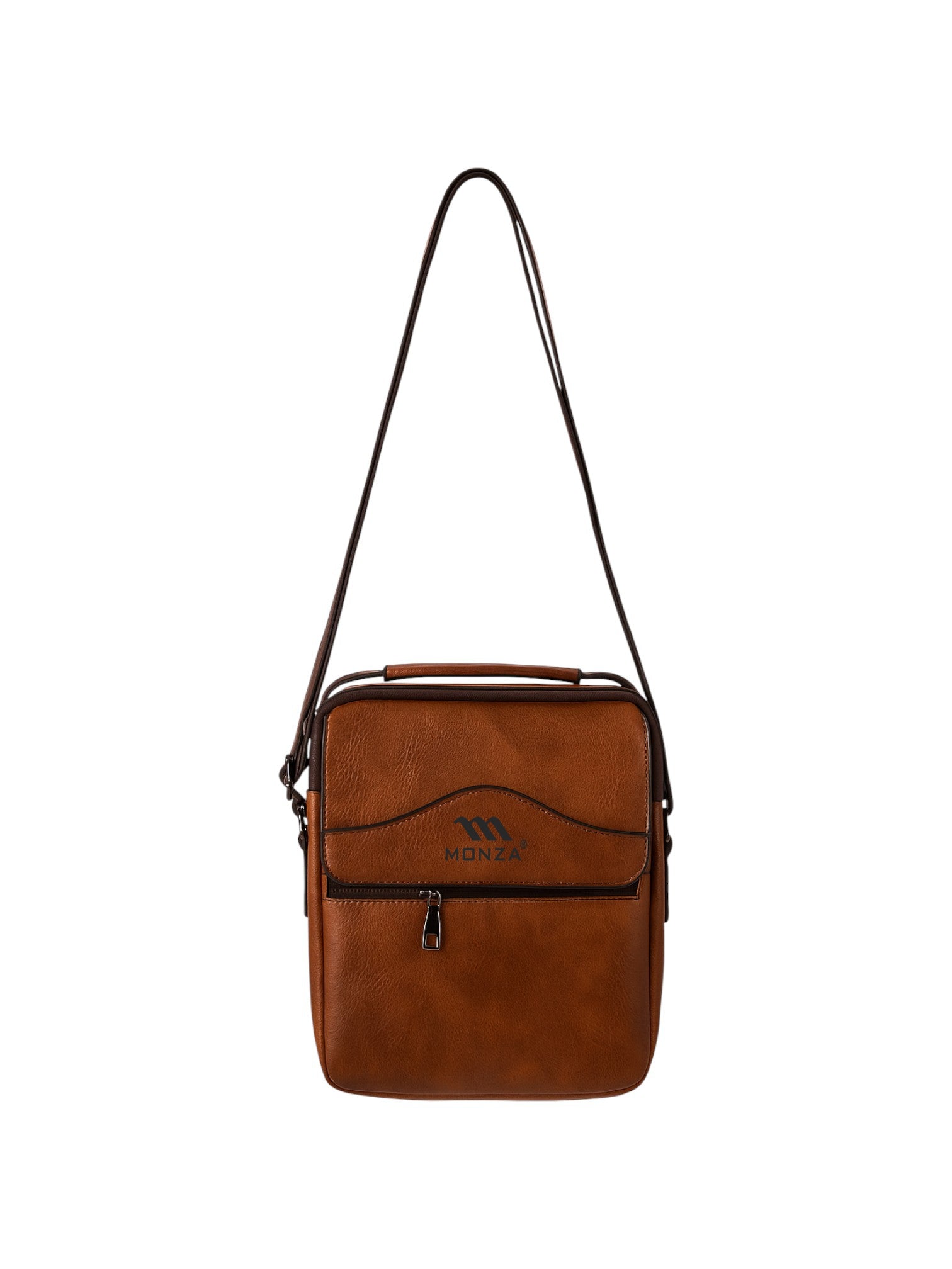 Brown leather crossbody bag on a white background. Monza Italy Monza Outlet