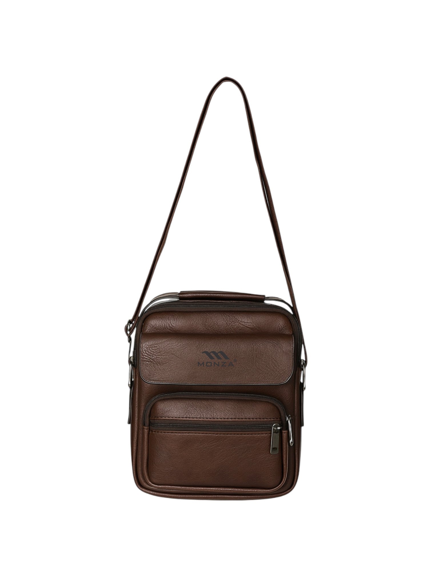 Brown leather crossbody bag on a white background. Monza Italy Monza Outlet