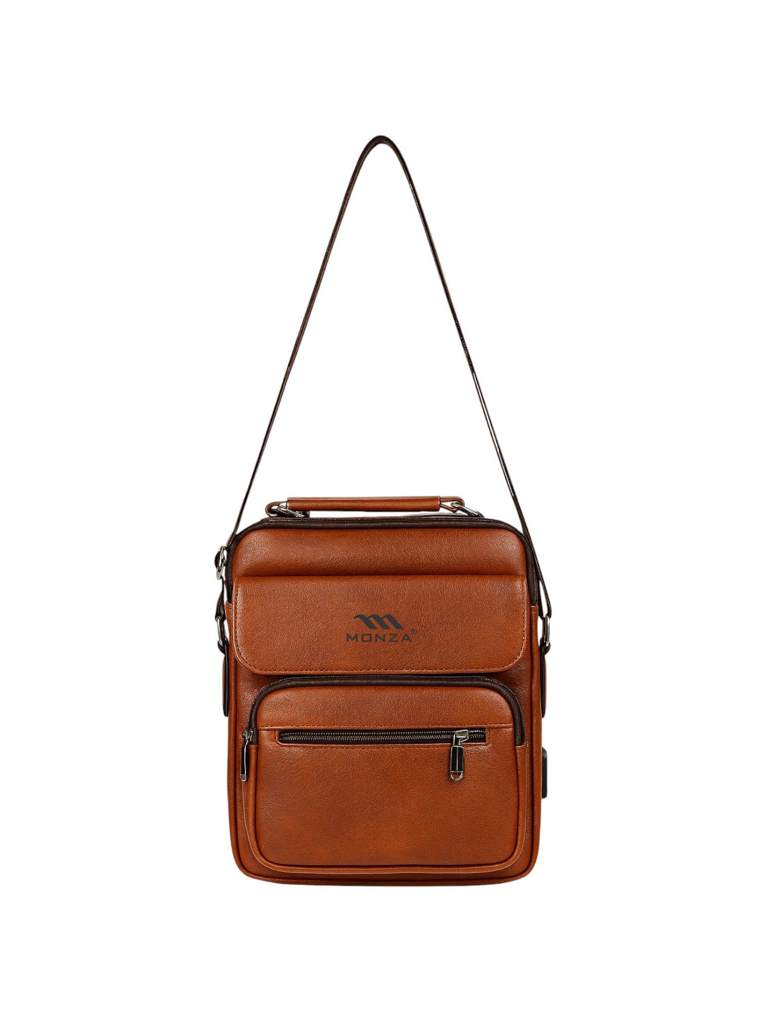 Brown leather crossbody bag with a visible brand logo on a white background. Monza Italy Monza Outlet