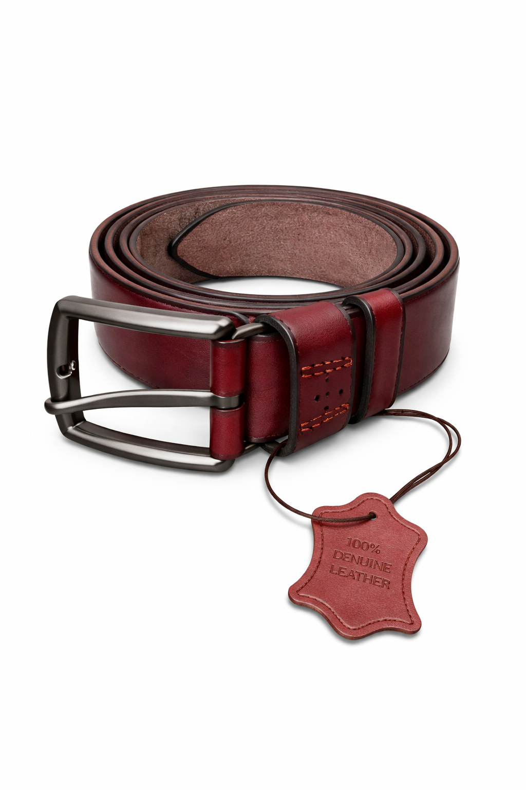 Brown leather belt with a matching tag on a white background. Monza Italy, Monza Outlet, Monza Fashion, Shein Outlet