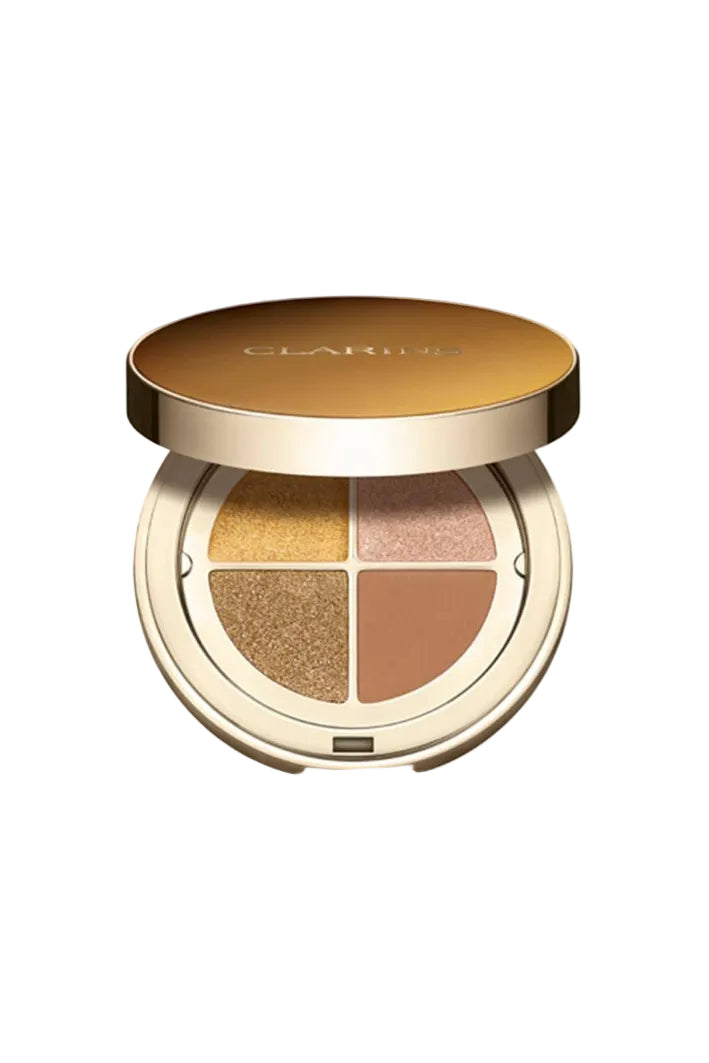 Makeup palette with four shades of eyeshadow on a white background, featuring the Clarins logo. monza outlet, Shein outlet, monza fashion