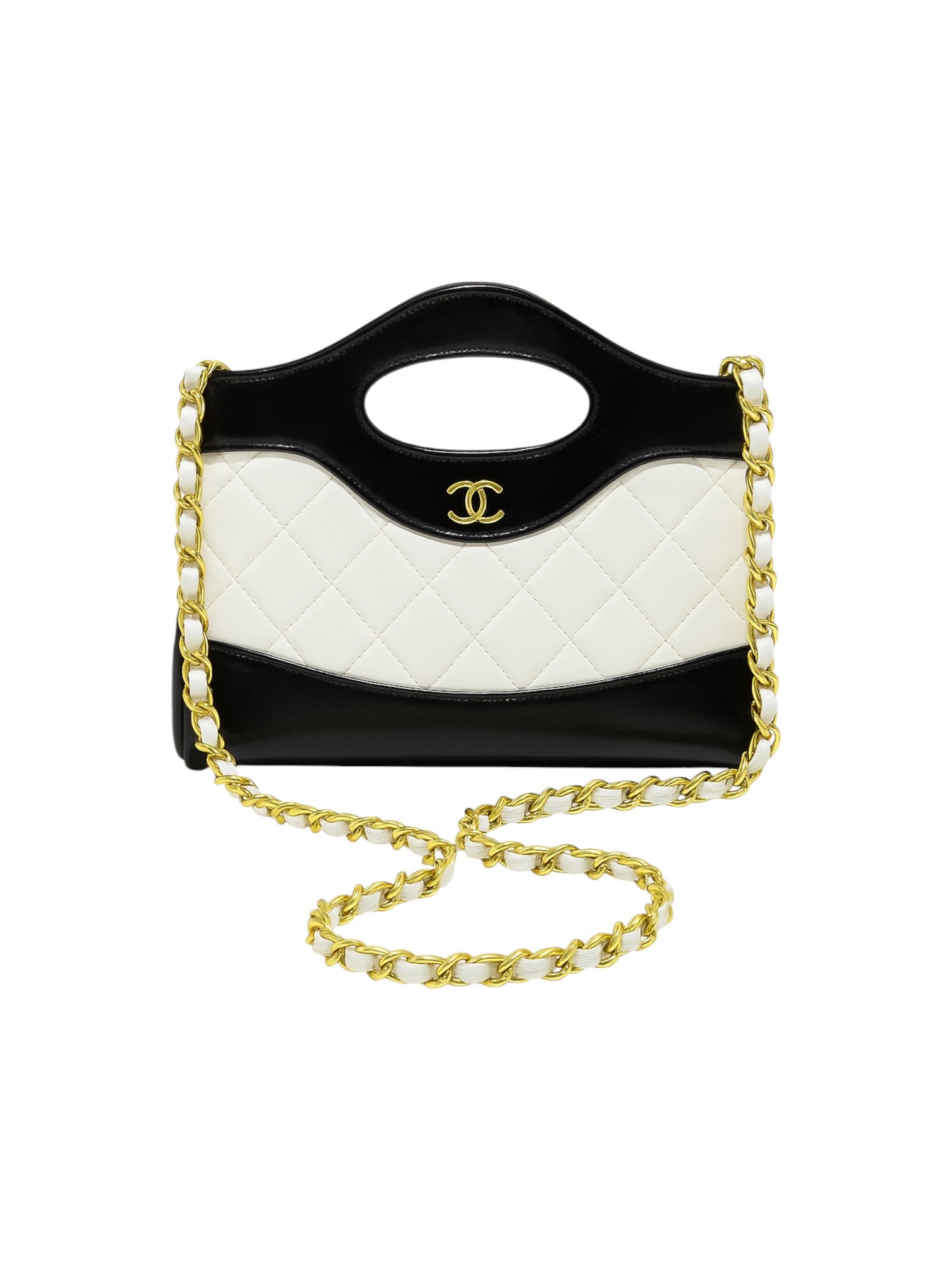 Black and white quilted handbag with gold chain on a white background, Chanel, Monza Outlet, Monza Fashion, Shein Outlet