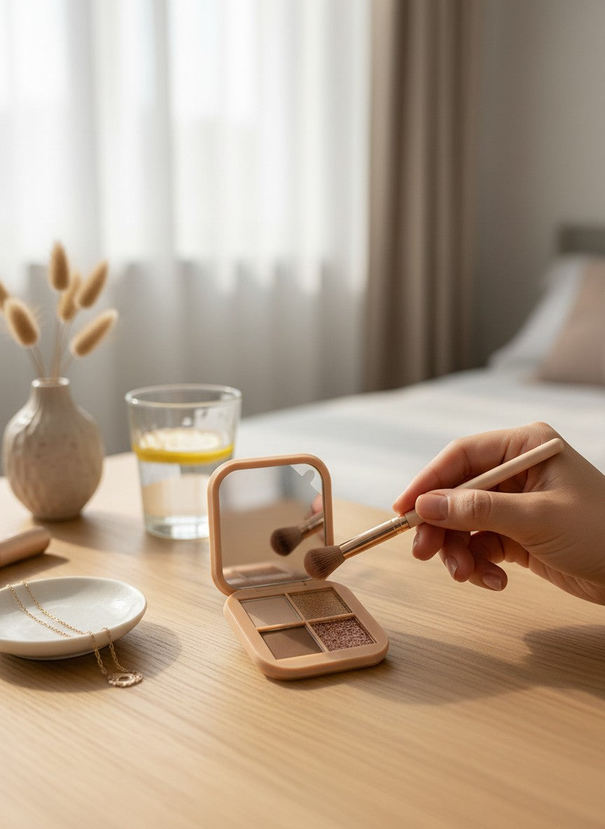 Hand holding a makeup brush over a small open cosmetic case on a wooden table.  Riva Girl, Monza Outlet, Monza Fashion, Shein Outlet 