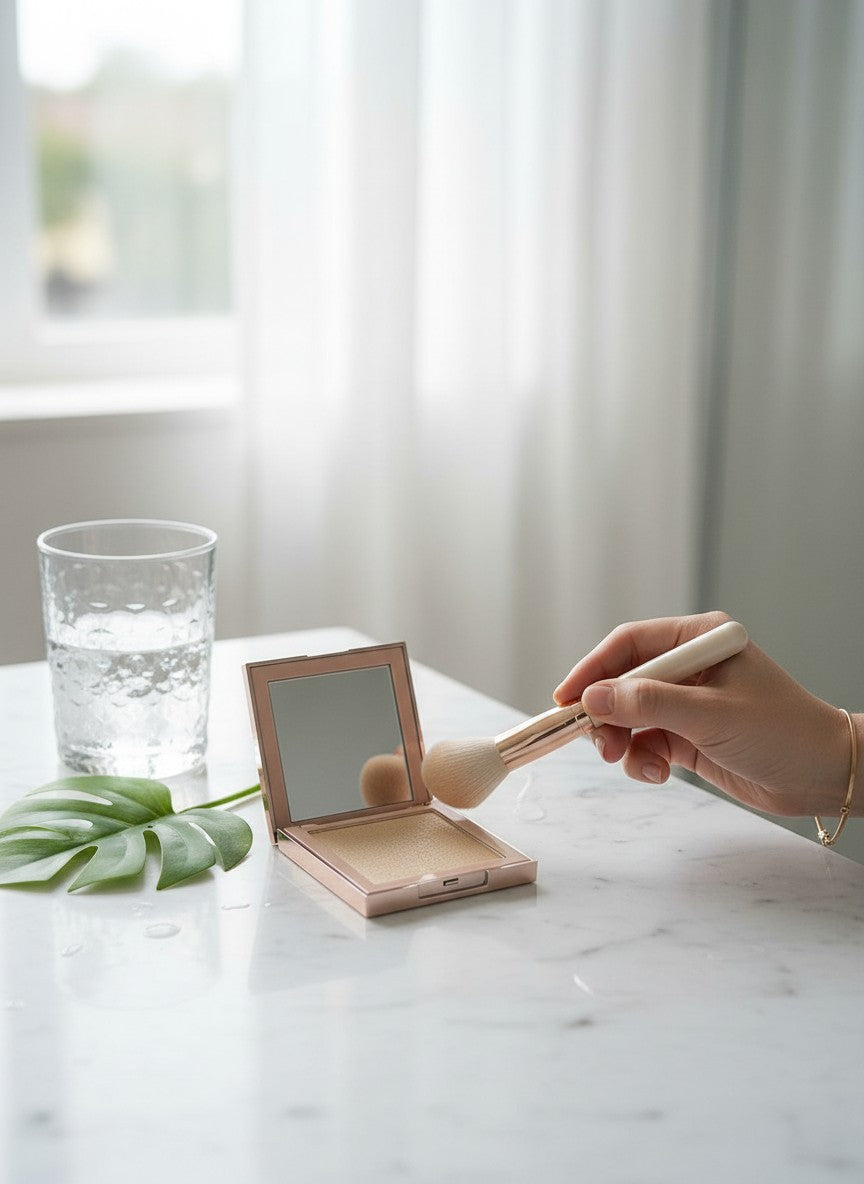 Person applying makeup with a brush and compact powder on a marble surface. Riva Girl, Monza Outlet, Monza Fashion, Shein Outlet 