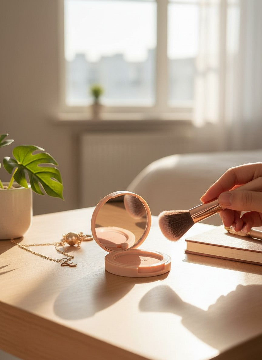 Person applying makeup with a brush next to an open compact on a table.   Riva Girl, Monza Outlet, Monza Fashion, Shein Outlet 