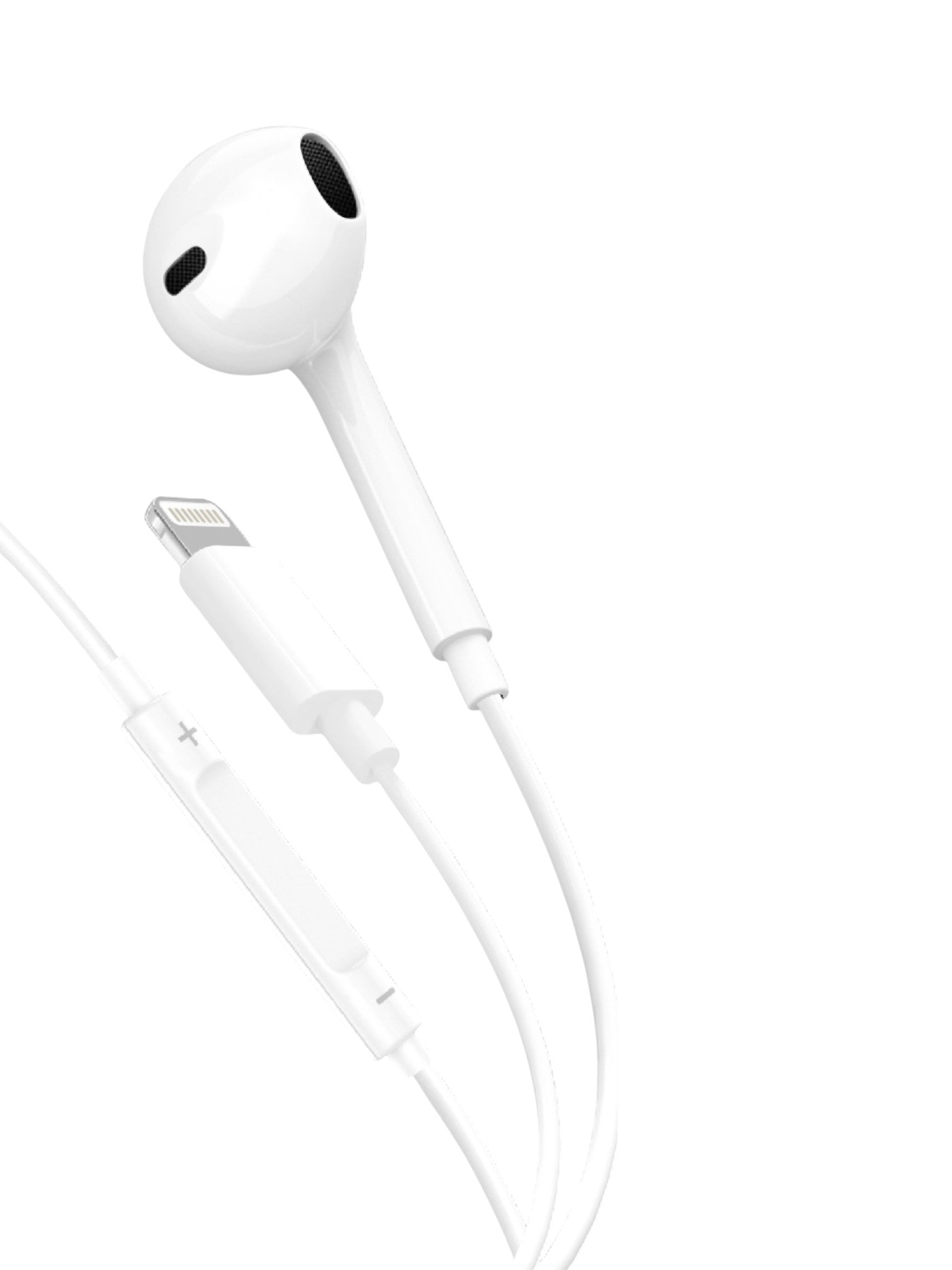 White earphones with a control button on a white background. Saafo, Monza Outlet, Monza Fashion, Shein Outlet