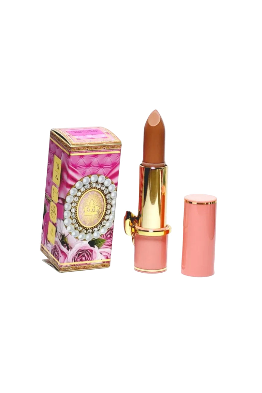 A photo of Pat McGrath Labs Satin Allure Lipstick in Nude Fantasia (648) with the cap off, showing the light peach color of the lipstick. The product is next to its packaging, which is adorned with gold accents and floral motifs. Monza Outlet