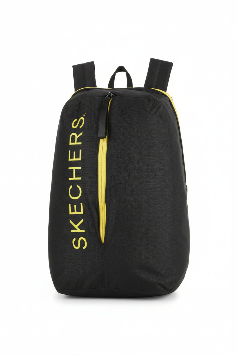 Black backpack with yellow accents and Skechers logo on a white background. Skechers, Monza Outlet, Monza Fashion, Shein Outlet