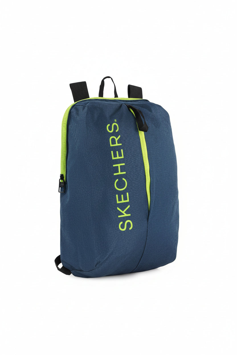 Blue backpack with green accents and Skechers branding on a white background. Skechers, Monza Outlet, Monza Fashion, Shein Outlet
